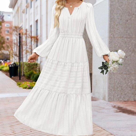 Women's 2025 Fall Puff Long Sleeve Maxi Dress Casual V Neck Elastic Waist Tiered - Picture 6 of 6